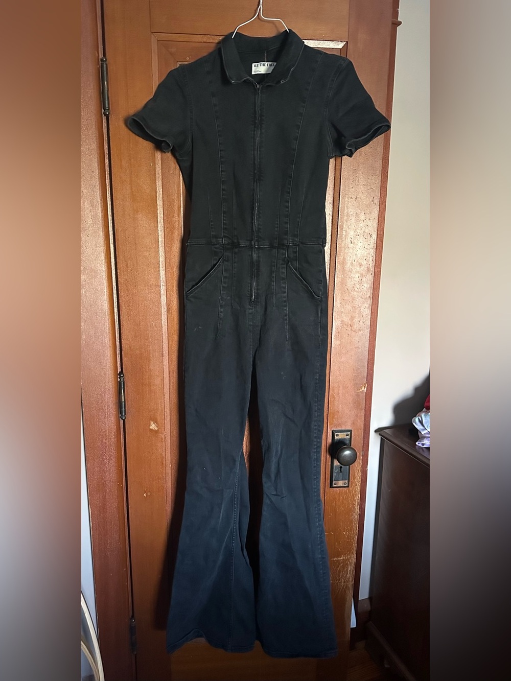 We The Free Jayde Black denim Short-Sleeve Zip-Front Flared Jumpsuit